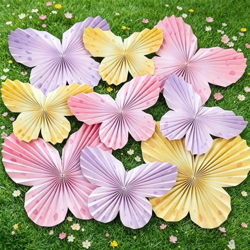 Image of Easy Joy 9Pcs Paper Butterfly Decorations Butterfly Party Decor Hanging Paper Butterfly Fan Pastel Paper Fans Paper Butterflies for Spring Baby Shower Girls Room Wall Classroom Fairy Birthday