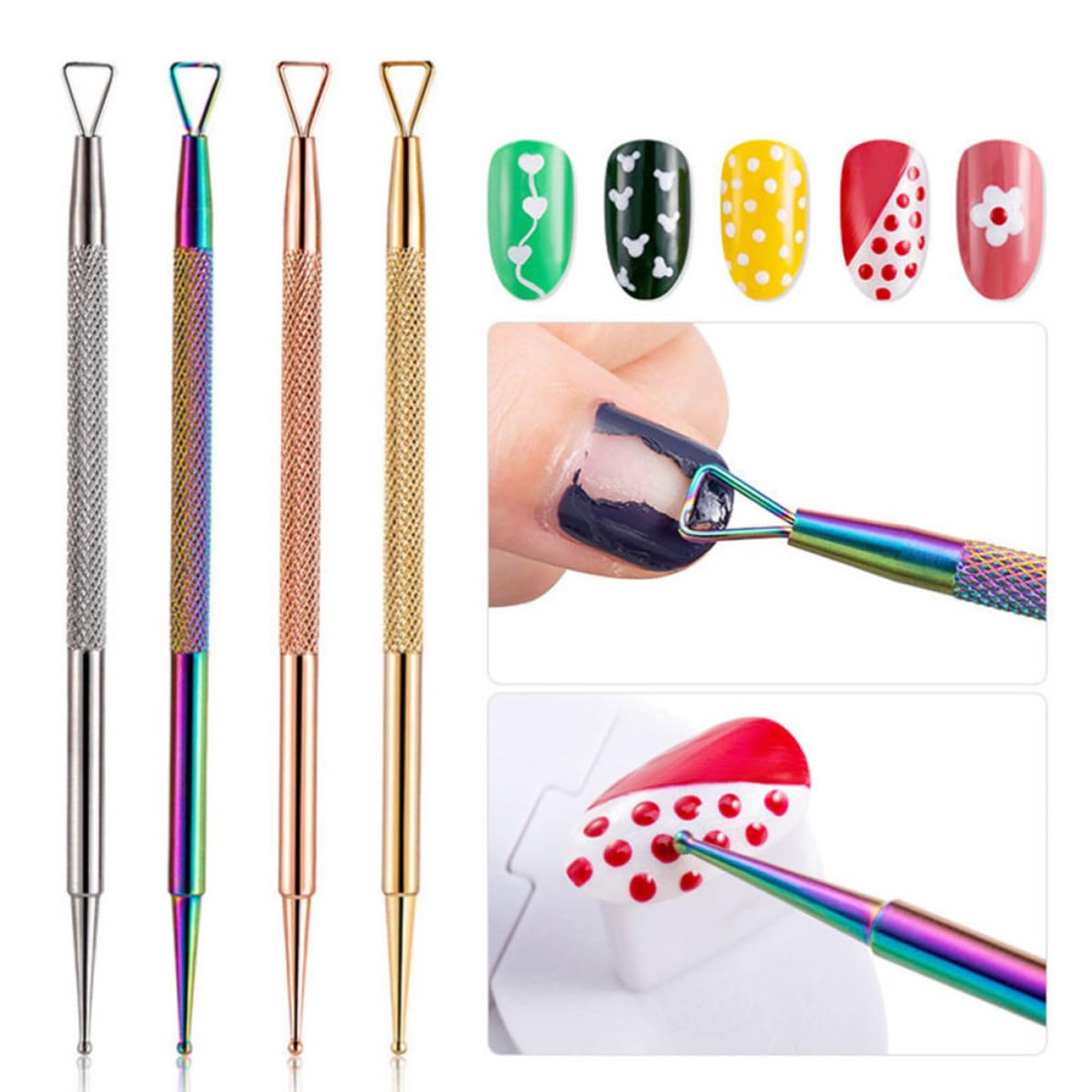 YARNOW Nail Dotting Pen Professional Nail Art Tool Stainless Steel Double-ended 4pcs with Triangle Head for Precise Cuticle Pushing and Peeling for Salons and Spas