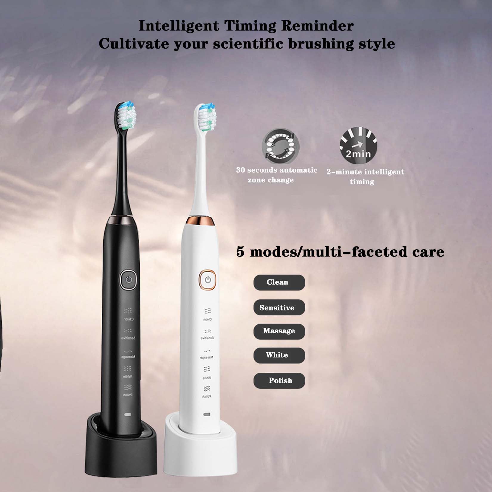 Spazzolino elettrico sonico, ricarica a sensore, timer intelligente, 2 testine intercambiabili, bianco/nero (White)