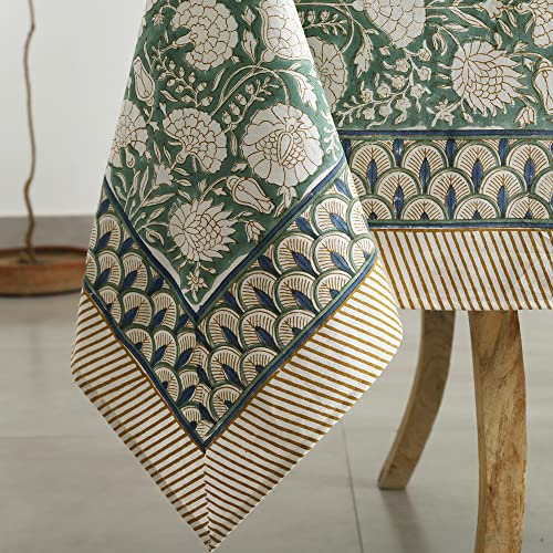 Labhanshi Turquoise Green, Old Moss Green And White Indian Floral Hand Block Printed Cotton Cloth Tablecloth, Table Cover, Farmhouse Wedding Christmas 60X90 Inch #TOP3