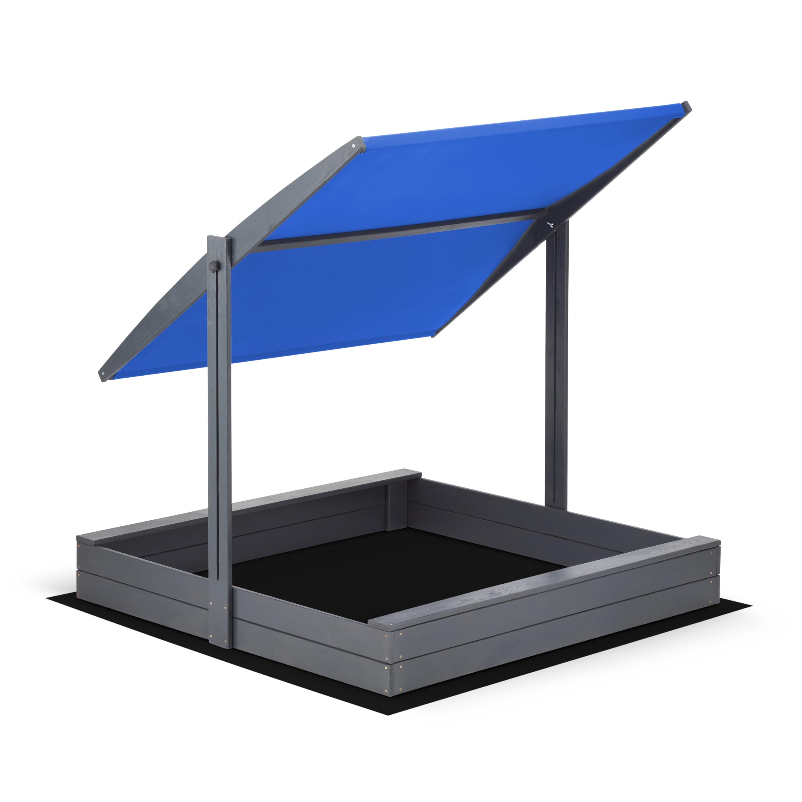 Sandkasten mit Dach 120x120 Imprägniert Modell 2025 mit Sonnenschutz mit UV 100+ Schutz Sandbox mit Sandkastenvlies Holz, Sandkiste Sandbox Anthrazit (120x120 Dach Blau)