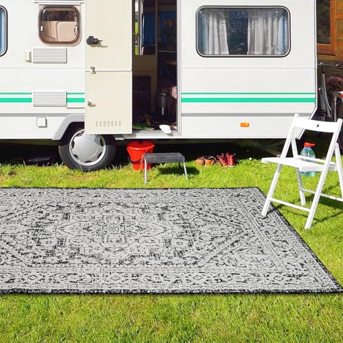 homeart Outdoor Rug - Easy-Clean, Durable, Stain-Resistant, Weather & UV Resistant Indoor & Outdoor Rugs for Porch, Deck, Balcony, Garden, Picnic and Patio | Medallion Black, Cream - 80x150cm