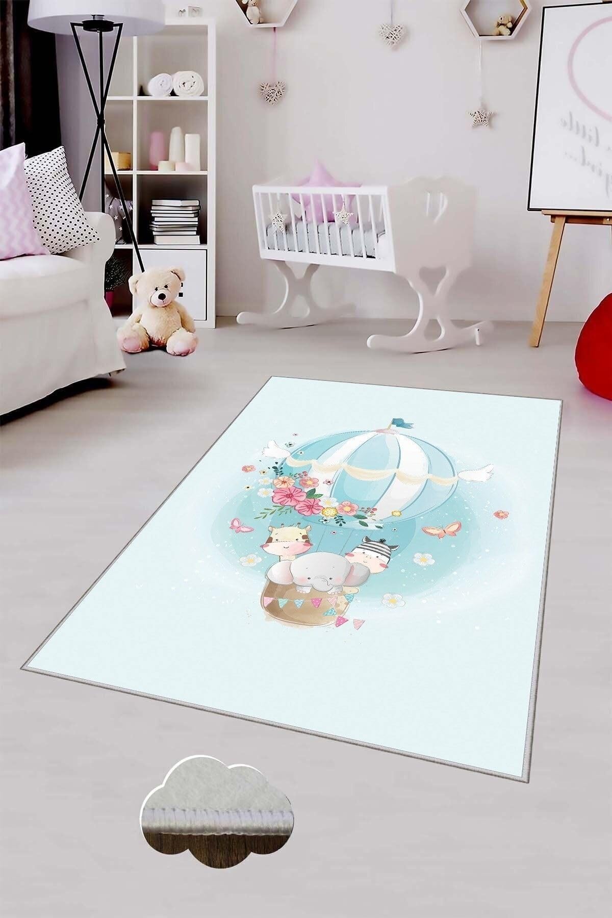 Pelangi Mavi Uçan Balonda Hayvanlar Yıkanabilir Kaymaz Taban Leke Tutmazbebek Ve Çocuk Odası Halısı, Mavi 80 x 150, 90135707680150