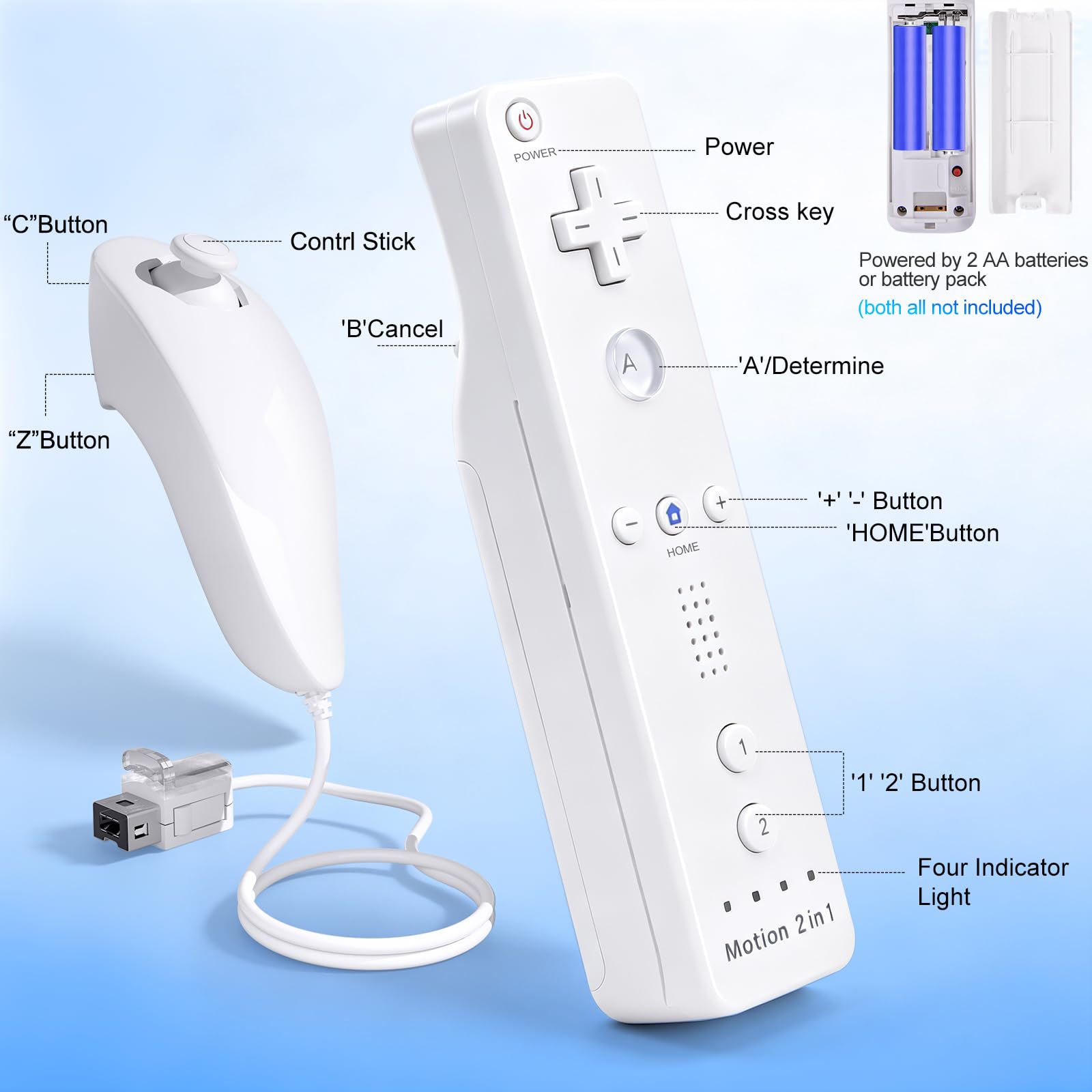 TechKen drahtlose Fernbedienung und Nunchuck,Spiel-Joysticks mit integriertem Motion Plus-Controller für Wii & Wii U 2 Weiß