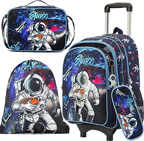 Egchescebo Kids Rolling School Backpack Bags for Girls and Boys School With Wheels Trolley Roller Wheeled 5PCS With Lunch Box ,Cute Astronaut Pattern Blue Backpacks Bags for Boys and Girls