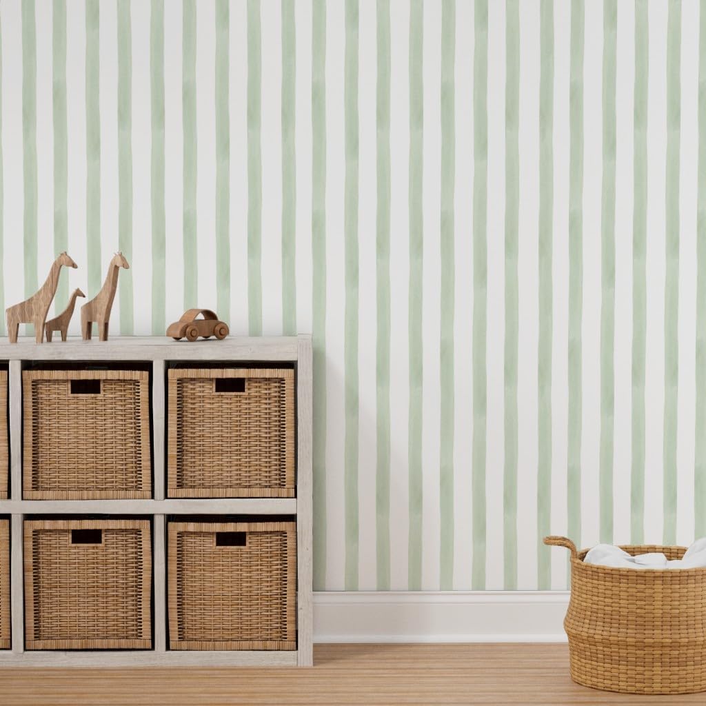 Peel & Stick Wallpaper 9ft x 2ft - Light Sage Stripe Celery Green Simple Minimal Modern Custom Removable Wallpaper by Spoonflower