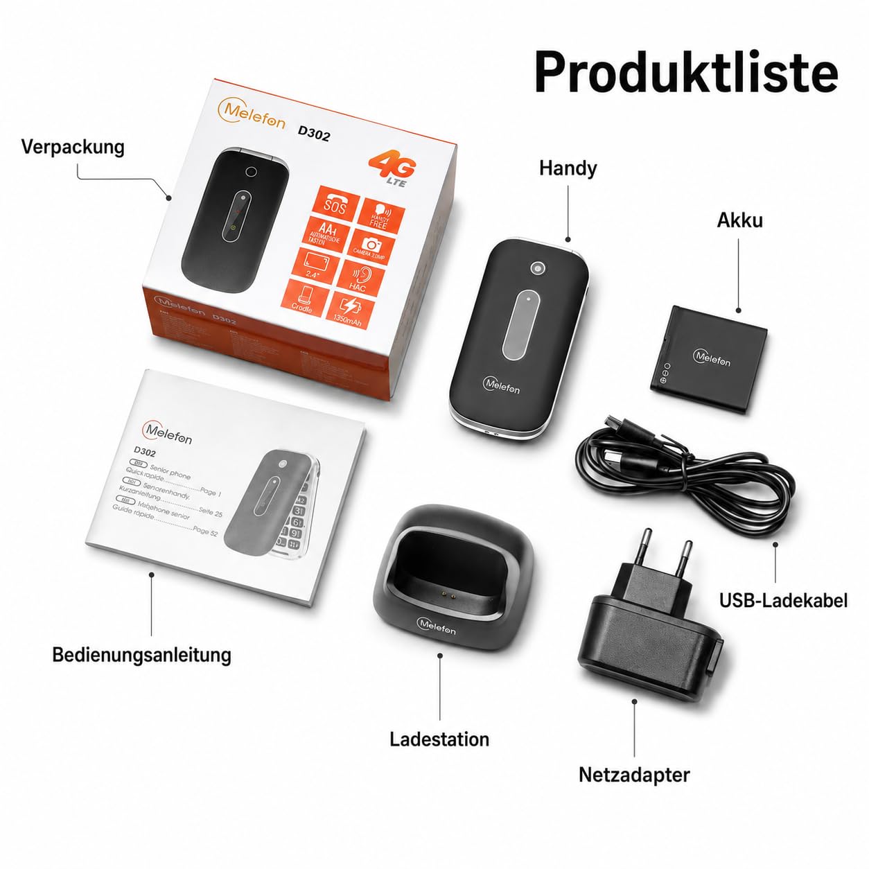 4G-Seniorenhandy – Klapphandy ohne Vertrag mit großem 2,4-Zoll-Farbdisplay, großen Tasten, SOS-Taste, Direktwahltasten M1/M2 | USB-C-Ladestation, UKW-Radio, 1350-mAh-Akku