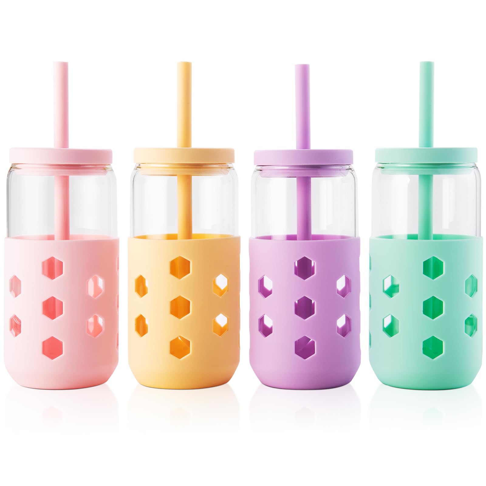 Glass Cups with Lids and Straws 4 Pcs 16oz Drinking Glasses Set with Silicone Sleeves for Coffee Bar