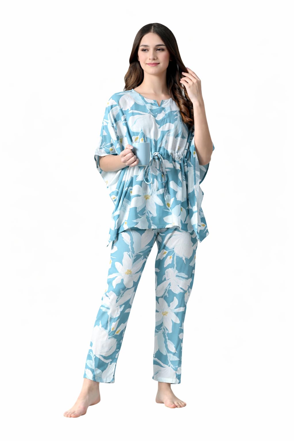 Women Women's Rayon Printed Night Wear Kaftan Top and Trouser Night Suit Set Blue