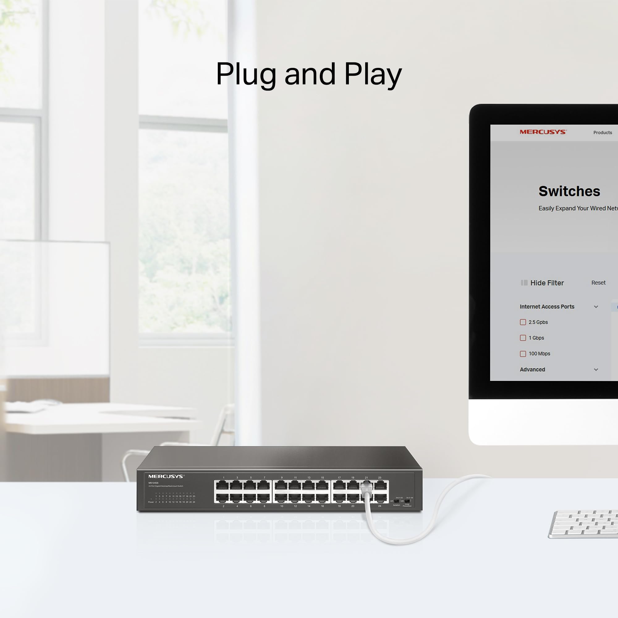 Mercusys TP-Link MS124GS Switch Gigabit 24 Porte, Montaggio Desktop o Rack, Plug & Play, Priorità del Traffico, Prevenzione Loop, Modalità di Isolamento, Funzionamento Silenzioso, Case in Metallo