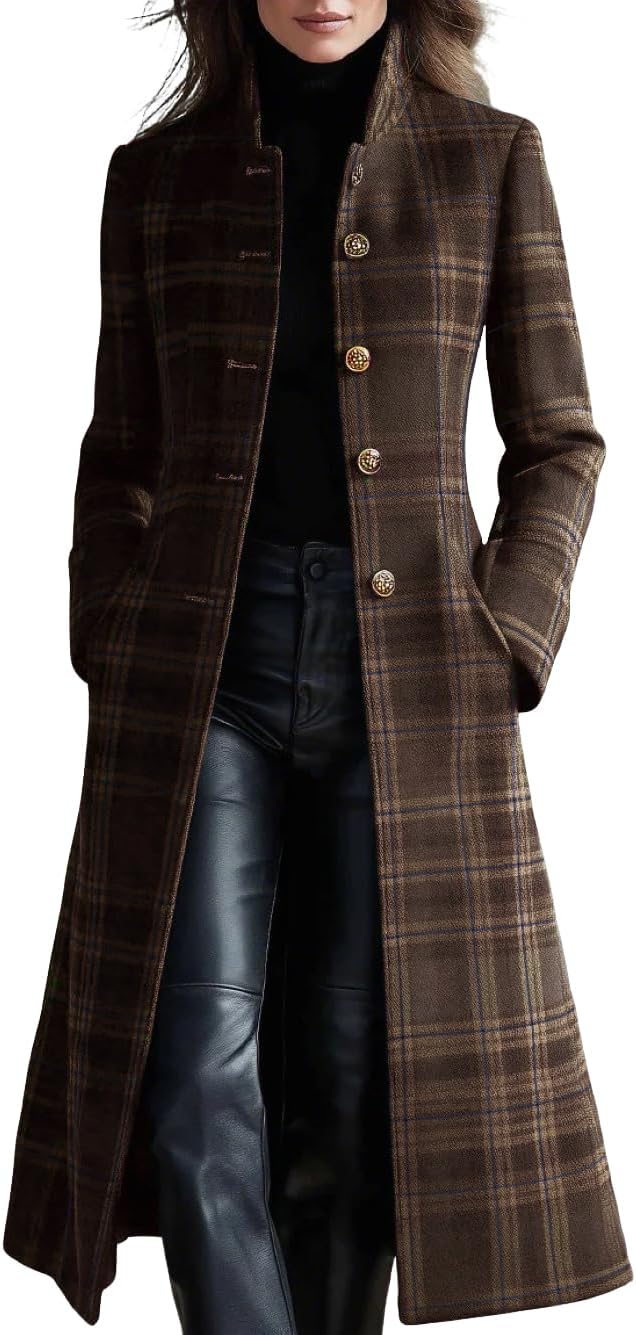 CHARTOU Women Long Wool Plaid Pea Coat Fall Winter Casual Single Breasted Midi Trench Overcoat Outwear
