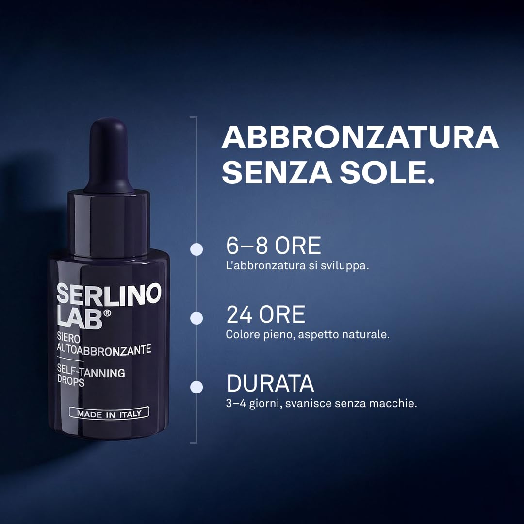 SERLINO LAB Gocce Autoabbronzanti 30 ml, siero abbronzante, Abbronzatura naturale senza sole con DHA + Eritrulosio, Aloe Vera e Acido Ialuronico, Durata 3‑4 giorni, Made in Italy