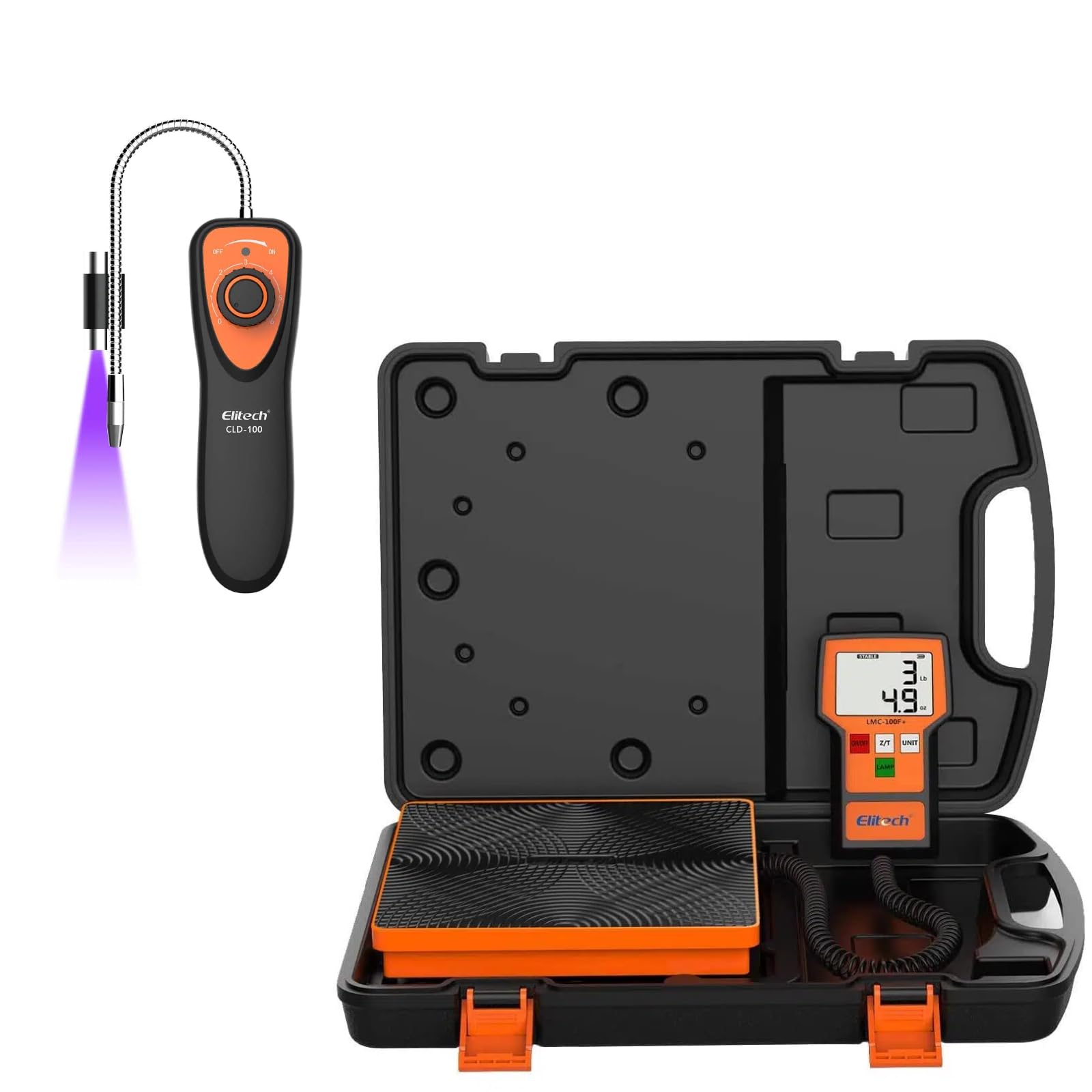 Elitech Détecteur de Fuite de Gaz Réfrigérant HVAC avec Lamp UV CLD-100 & Balance de Réfrigérant Electronique 50 kg pour Remplissage Climatisation CVC LMC-100F+