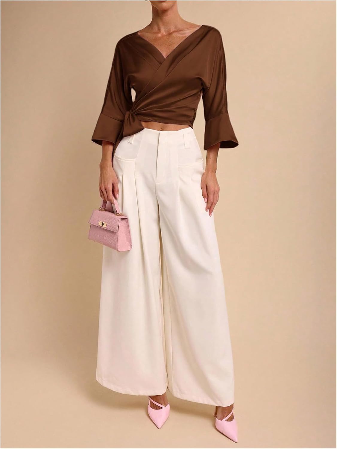 SweatyRocks Women's Bow Tie Side Wrap Blouses V Neck 3/4 Length Sleeve Crop Tops - Image 5