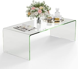Tangkula 42.5" Modern Clear Tempered Glass Coffee Table - 0.47" Thick Waterfall End Table, No Assembly, 300 lbs Capacity