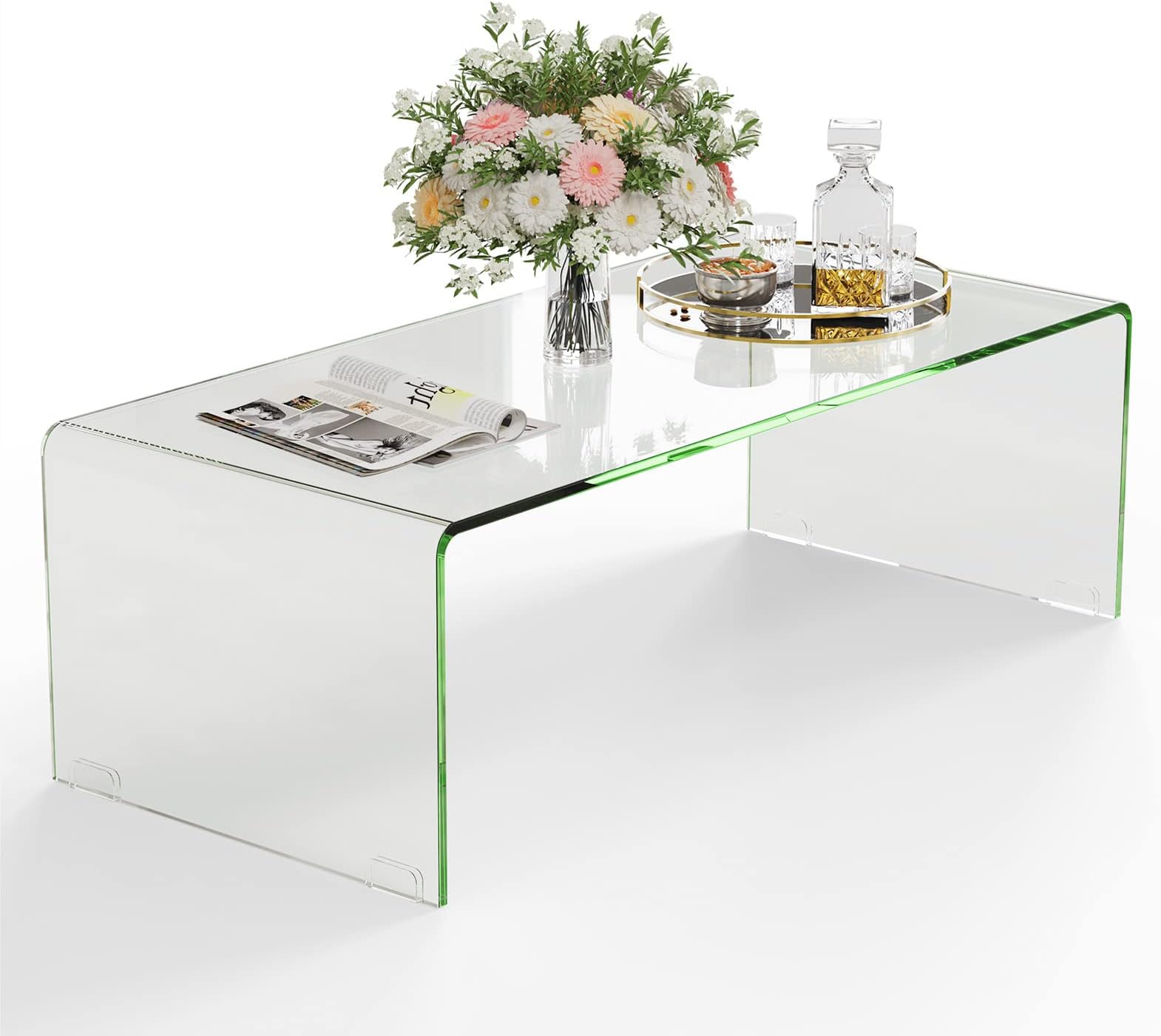 Glass Coffee Table, 40"L × 19.5"W ×13.5" H, Modern Home Furniture, 0.5" Clear Tempered Glass End Table, International Occasion Tea Table, Waterfall Table with Rounded Edges (Clear)