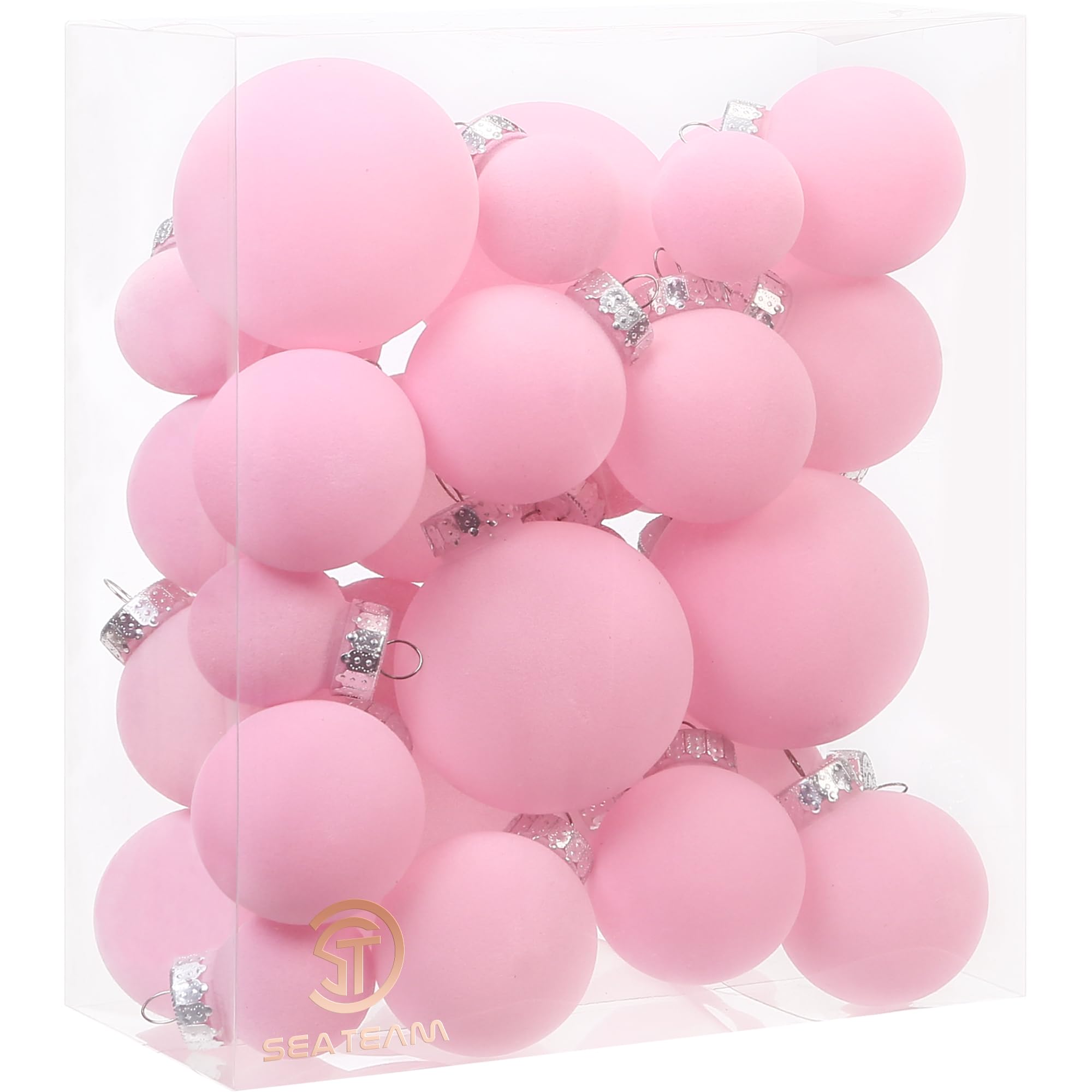 Sea Team 32 Boules Noël Velours incassables multitaille Rose | Boules en velours floqué incassable, parfaites pour sapin, couronne, guirlande. Idéales pour Noël, mariage, fête.
