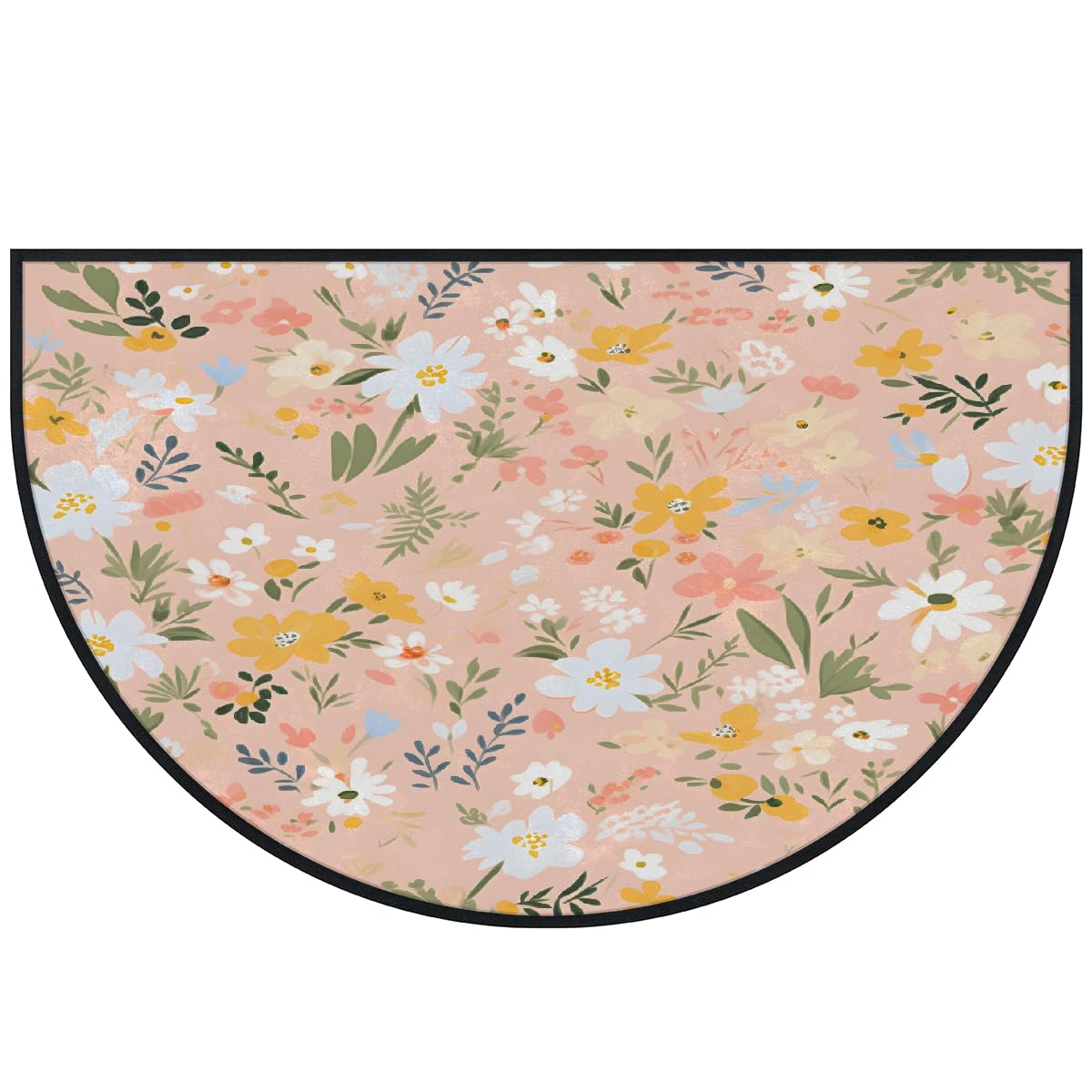 Mexpekil Paillasson demi-rond antidérapant lavable - Motif feuilles et fleurs roses - Demi lune - Pour intérieur et extérieur - 100 x 160 cm
