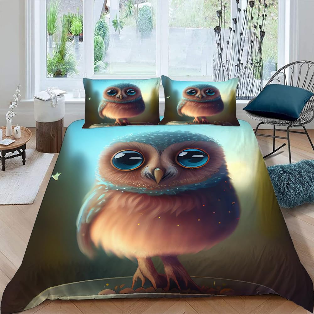 Parure de lit 240x260 cm hibou sans repassage en microfibre anti-plis pour lit 2 personnes
