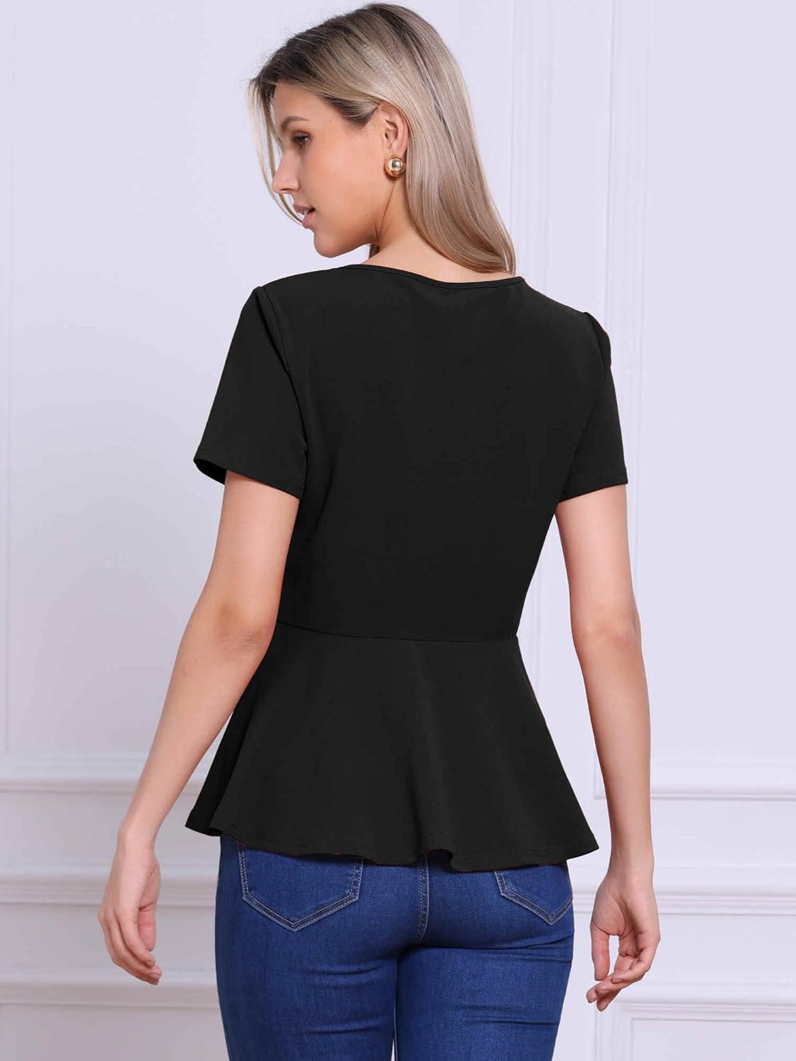 Allegra K Elegant Peplum Tops for Women's St Patrick's Day Short Sleeve Round Neck Dressy Casual Blouse Shirt - Image 2