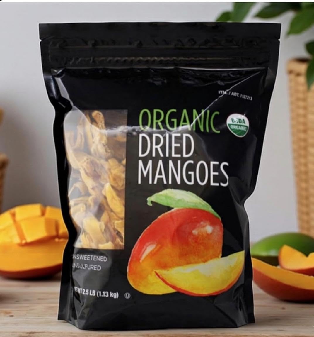 Kirkland Organic Dried Mangoes – 2.5 lb Bag, USDA Organic, Unsweetened, No Added Sugar, Unsulfured, Kosher Certified, Healthy Snack, Rich in Fiber and Vitamins