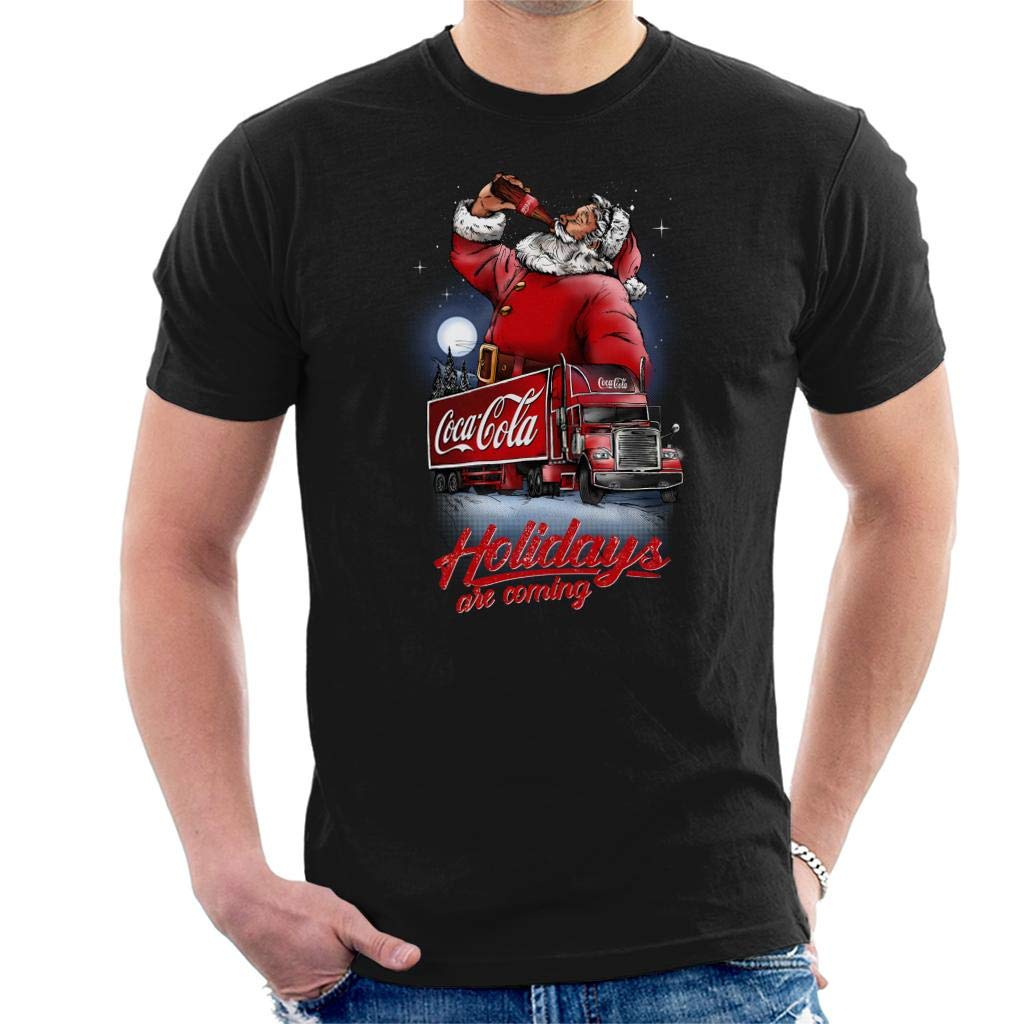 Coca-Cola Men's Black Coca Cola Santa And Truck Holidays Are Coming T-Shirt