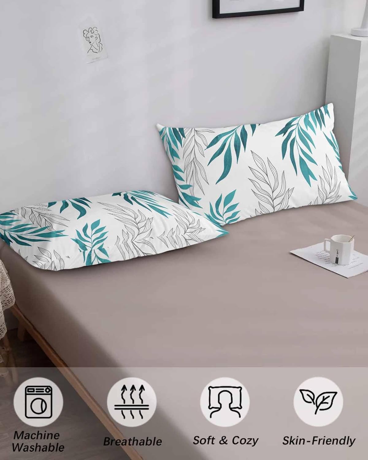 Botanical Leaves King Size Pillowcases,Soft Bed Throw Pillow Covers Sham Luxury Decorative Sofa Couch Long Body Lumbar Bolster Cushion Case Envelope Closure,Modern Geometric Aqua Simple White 20"x40"