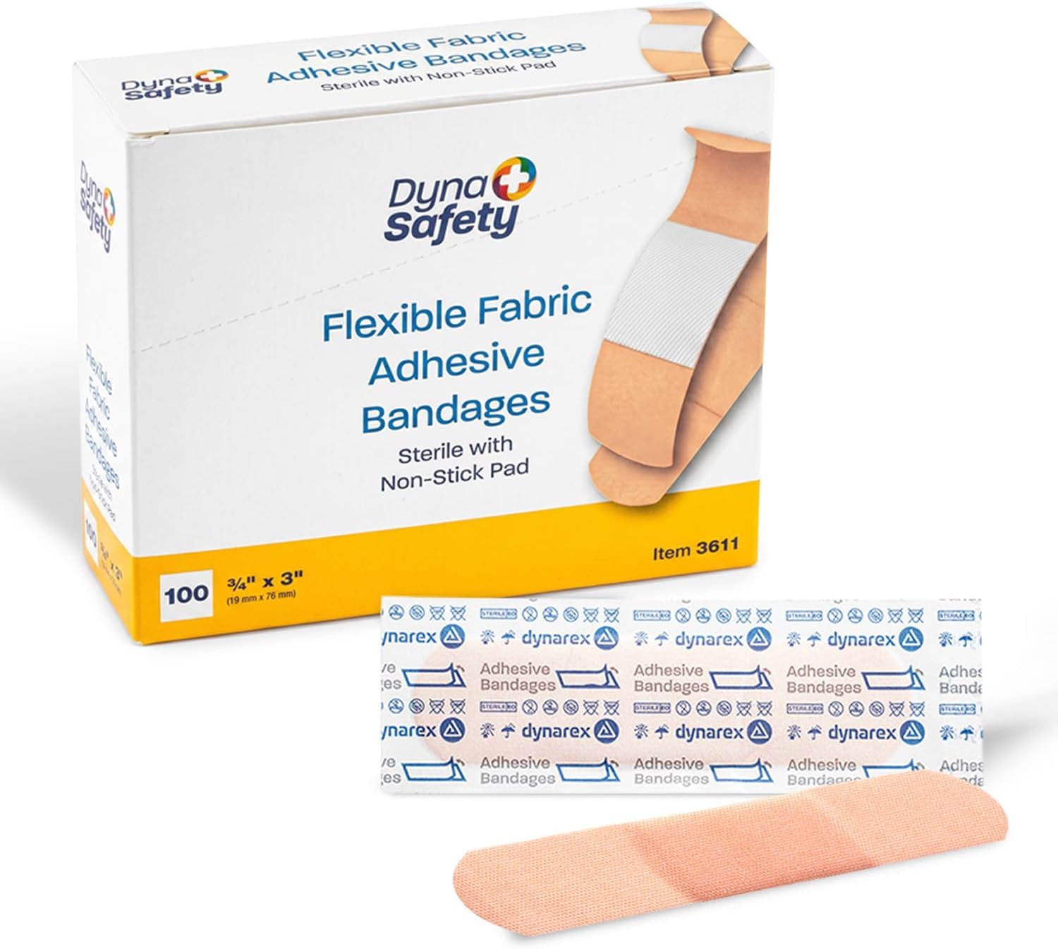 Dynarex Fabric Adhesive Bandages - Sterile & Flexible Fabric Bandages for Wounds - Non-Stick Pads - Individually-Wrapped First Aid Supplies - No Latex - 3/4x3", 1 Box of 100