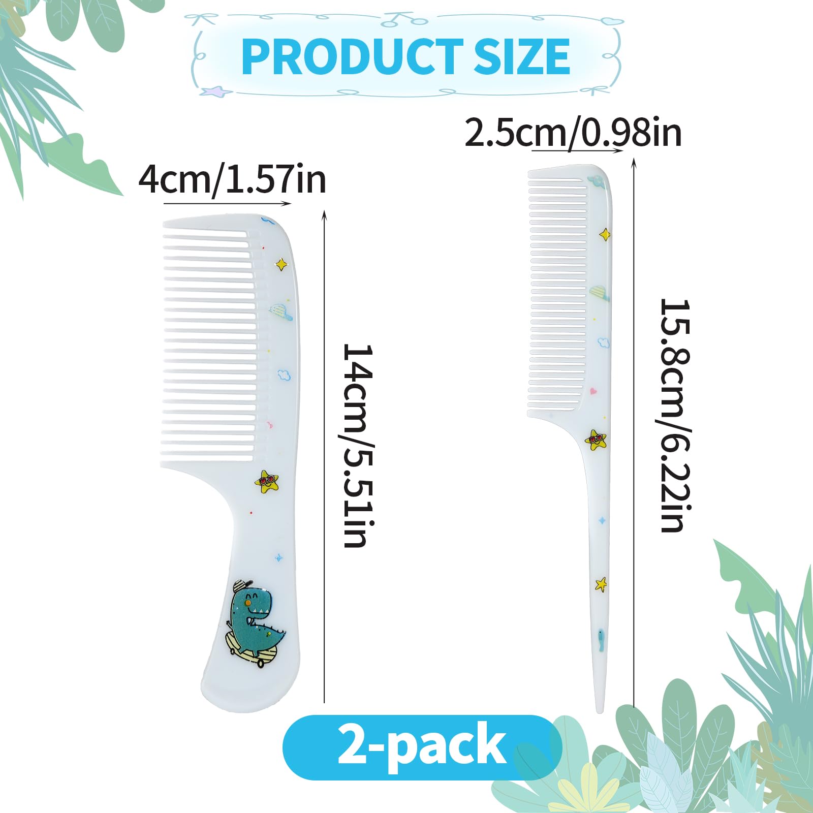 2szt Zestaw Uroczych Grzebieni dla Dziewczynek, Grzebień z Gęstymi Zębami & Grzebień z Rączką, Mini Plastikowa Szczotka dla Dzieci Kobiet Wszystkie Rodzaje Włosów (Dinozaur)