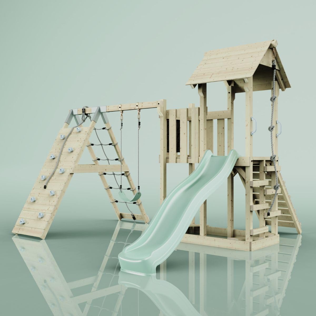 ReboOutdoor Spielturm mit Wellenrutsche, Klettergerüst mit Kletterturm, Kletterwand und Klettwernetz,Mintgrün