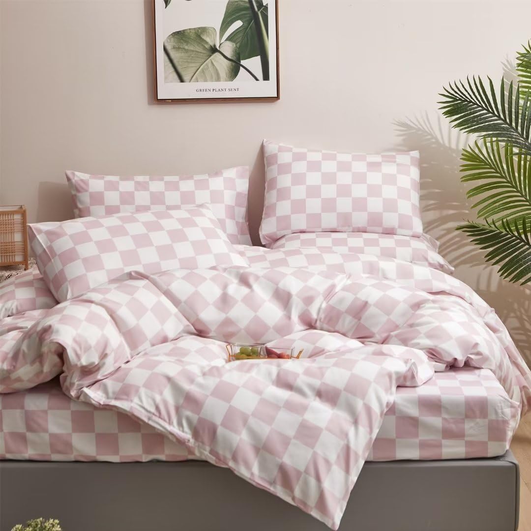 Pink Checkered Comforter Set Queen Size Blush Red Checkerboard Bedding Comforter Women Girls Pink and White Plaid Bedding Sets Soft Retro Grid Quilt Light Color Checker Bedding