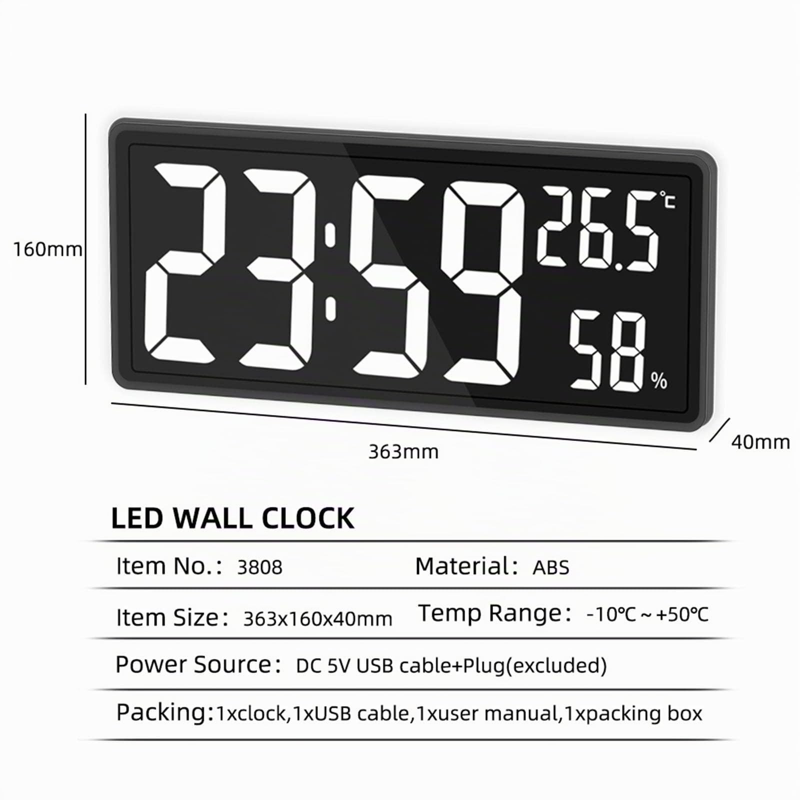 Milageto Reloj de Pared Digital Grande con Temperatura Interior y Humedad, Reloj electrónico de Gran número para de Noche, Blanco