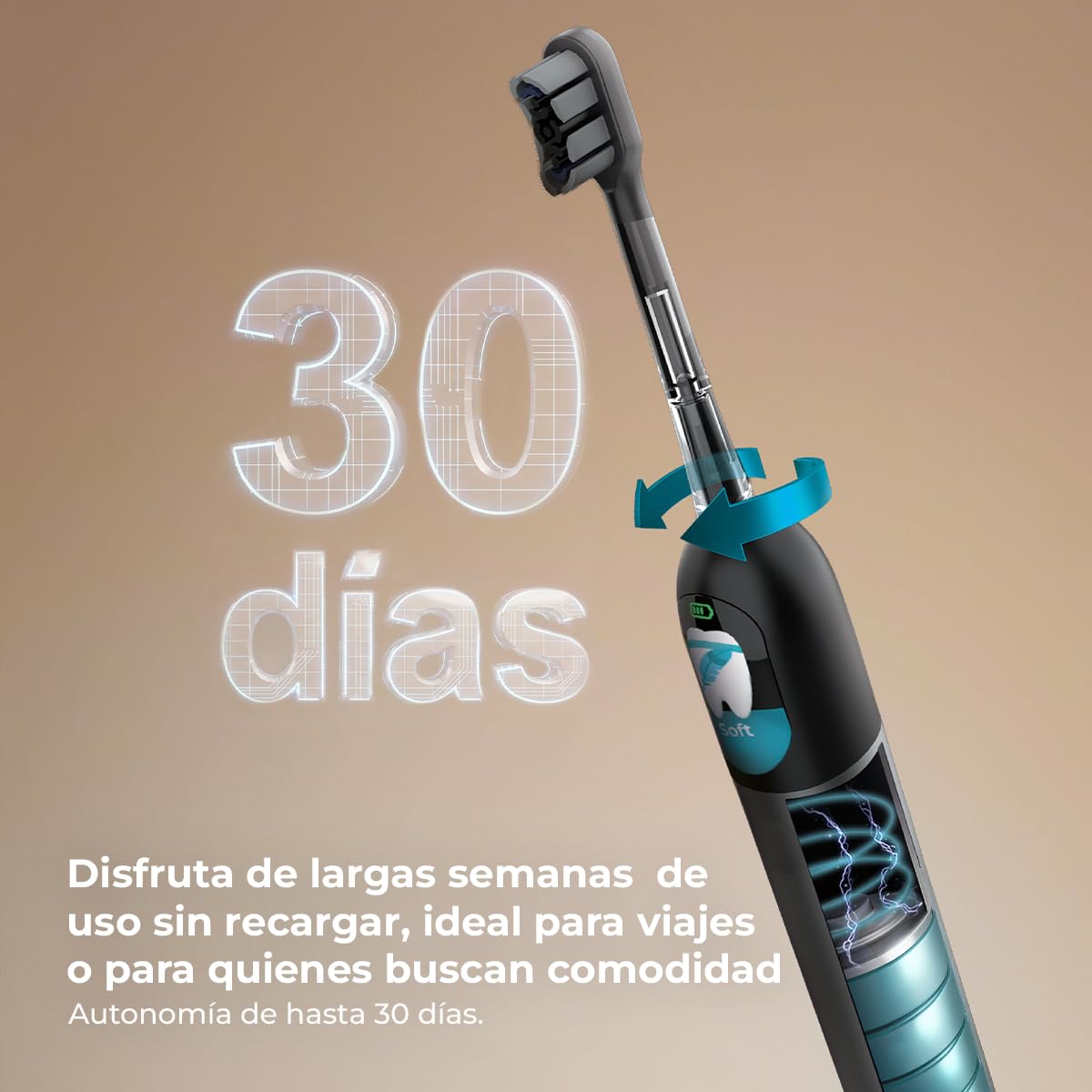 Cecotec Cepillo de Dientes Eléctrico Sónico con Oscilación 60º y Pantalla ToothCare EliteSwing Premium. 3 Modos, Autonomía 30 Días, Sensor de Presión, Base Carga y 2 Cabezales de Repuesto, IPX7