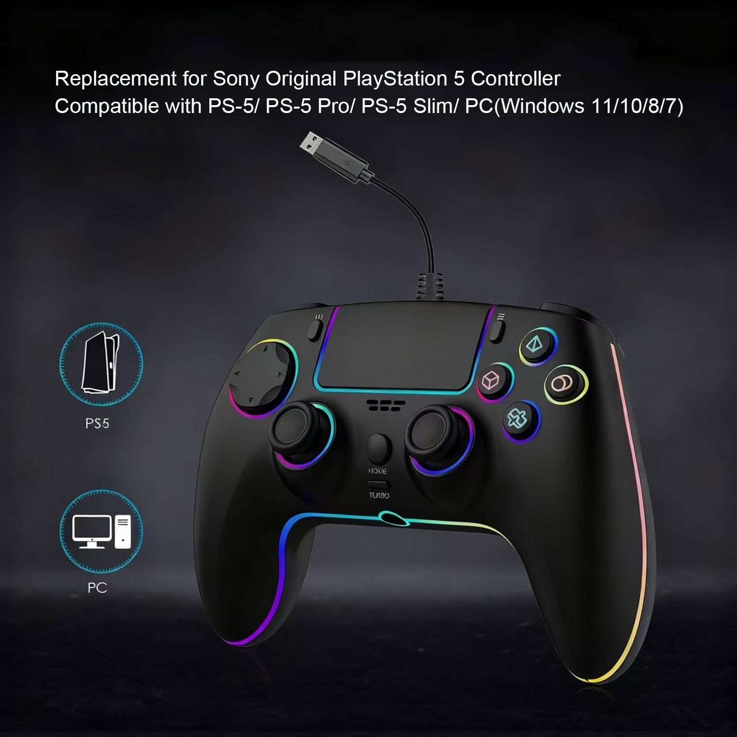 Mando de juego con cable RGB para PlayStation 5 de repuesto con disparador de efecto Hall para PS-5 y PC con Windows, doble vibración, sensor de movimiento, joypad remoto con turbo, mapeo macro (negro