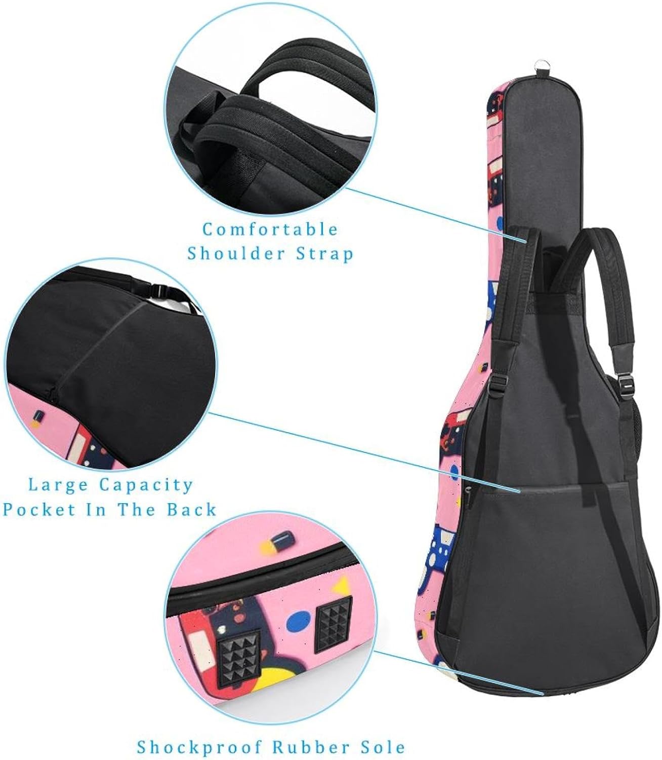 40/41/42-inch Funny Game Controller Acoustic Guitar Bag With Adjustable Shoulder Strap And 2 Storage Bags. Guitar Bag With Back Hanging Loop, Electric, and Classical Guitars