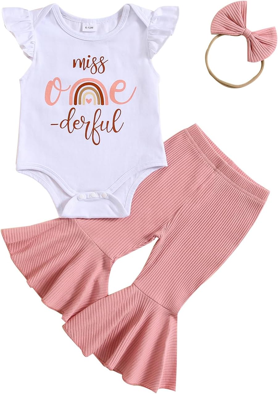 YOKJZJD Baby Girl 1st Birthday Outfit Onederful Short Sleeve Romper T-Shirt Tops Bell Bottom Pants Set 3Pcs Summer Clothes 6-12 Months Pink