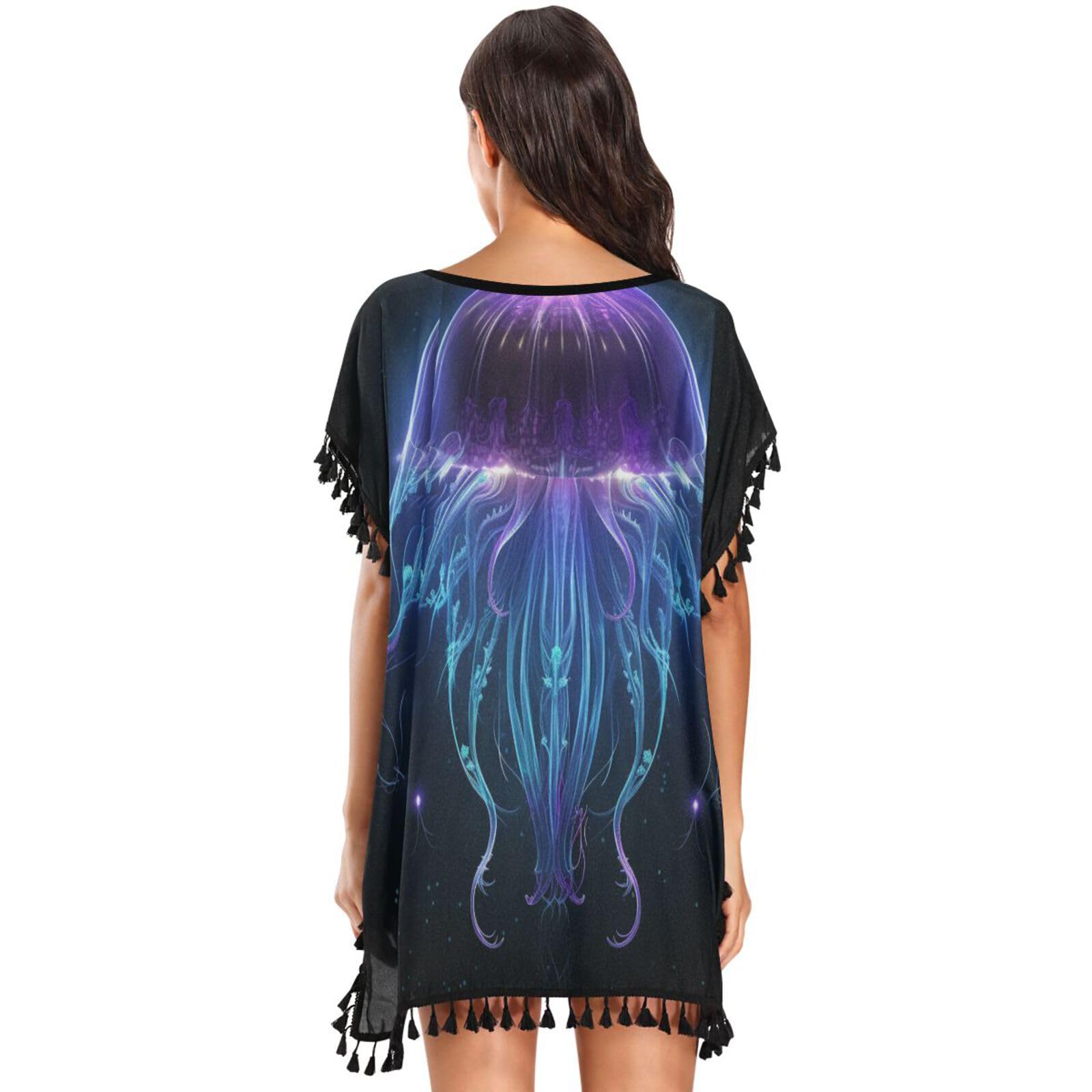 KAAVIYO Sea Cool Jellyfish Women's Beach Cover Up Chiffon Tassel Swimwear Swimsuit Coverups for Girl
