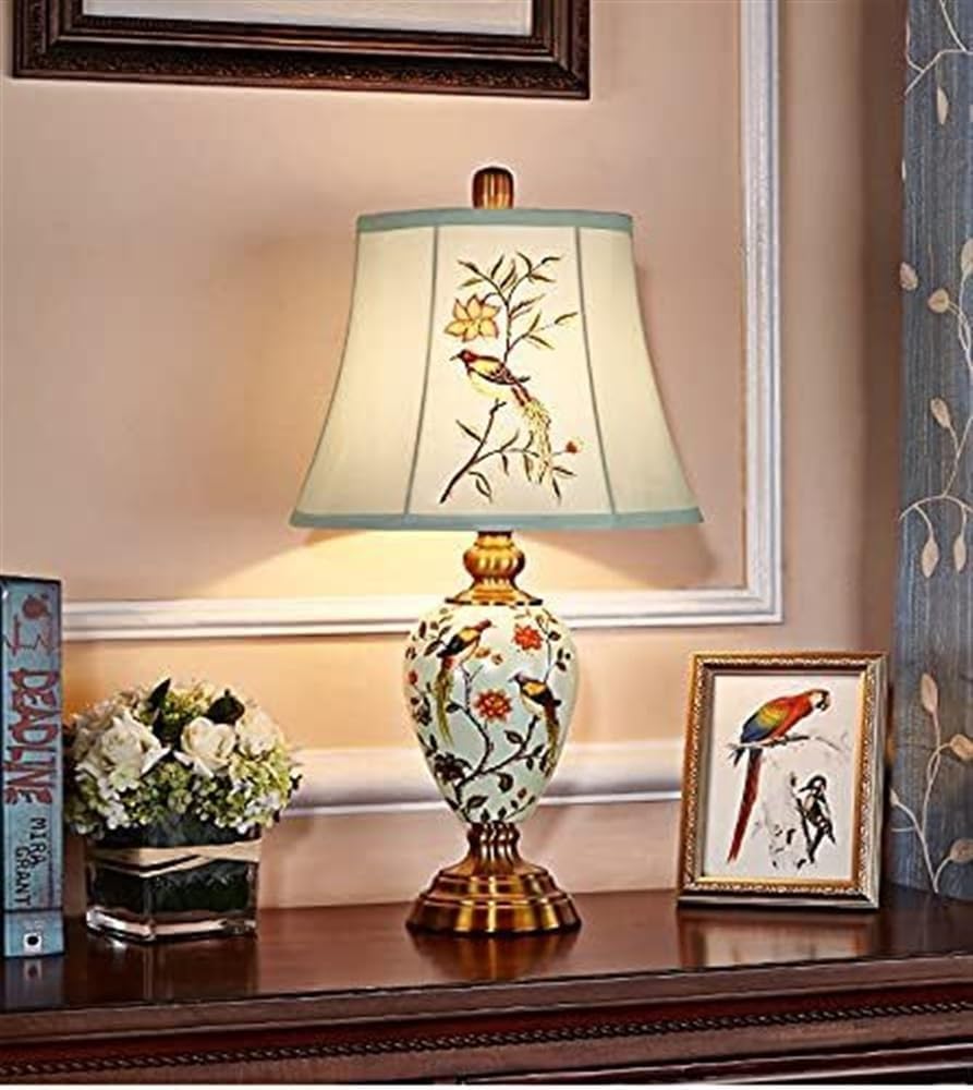 55CM Large Table Lamp Hand-Painted Porcelain Ceramic Desk Lamp with Cloth Matching Shade Oriental Chinese Ceramic Bedside Lighting