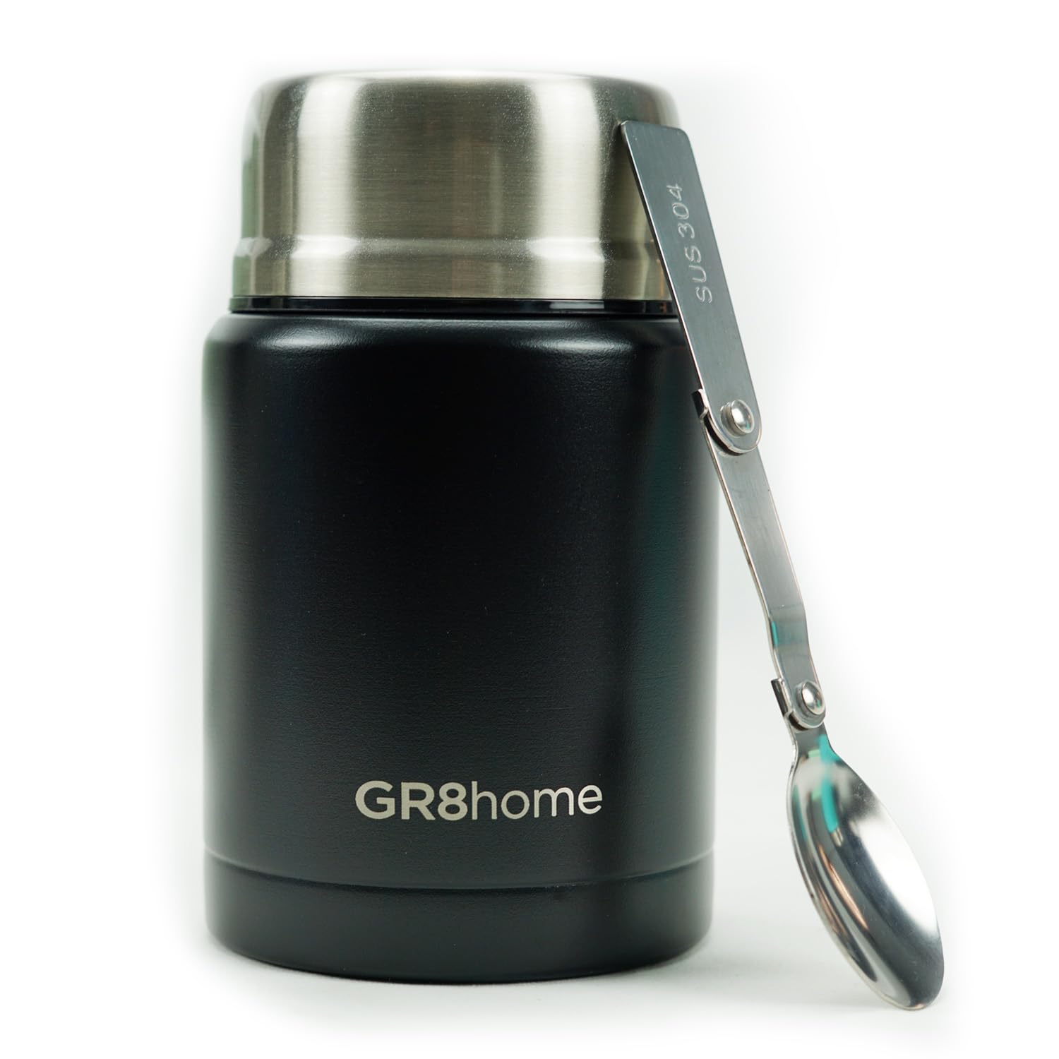 Gr8 Home Vacuum Insulated Thermal Food Flask BPA Free Stainless Steel Food Container with Folding Spoon Lunch Box 500 ml (Black)