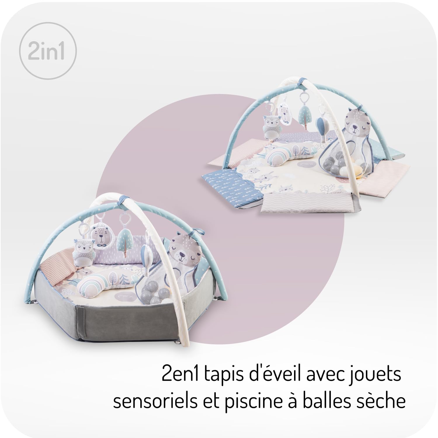 Arche de jeu MoMi PASTEL avec tapis rampant 3 en 1 pour bébé dès la naissance, tapis d'activité sensorielle avec 2 arches, bain de balles, 5 jouets, 20 balles avec sac