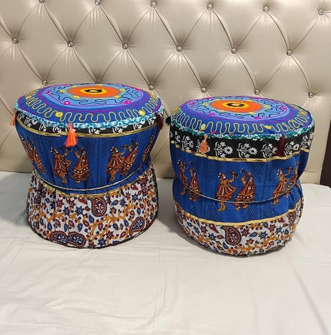 Ayodhya Art Decor Set of Two Footstool Bamboo Cover Multi Color Meditation Mudda Ottoman Pouf Cover for Home Decors Living Rooms Set of 2 Pieces Size 18x18x17 Inches-image-7