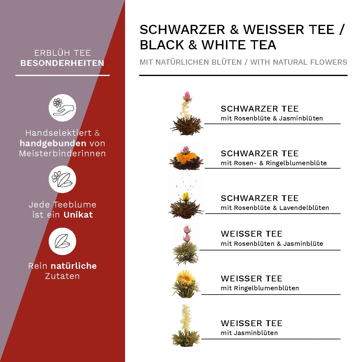 Creano Teeblumen Geschenkset - Erblühtee mit 500ml Glaskanne & 6x schwarzer & weißer Tee + 1x Teelini Schwarztee Bonuskugel - 8 teilig