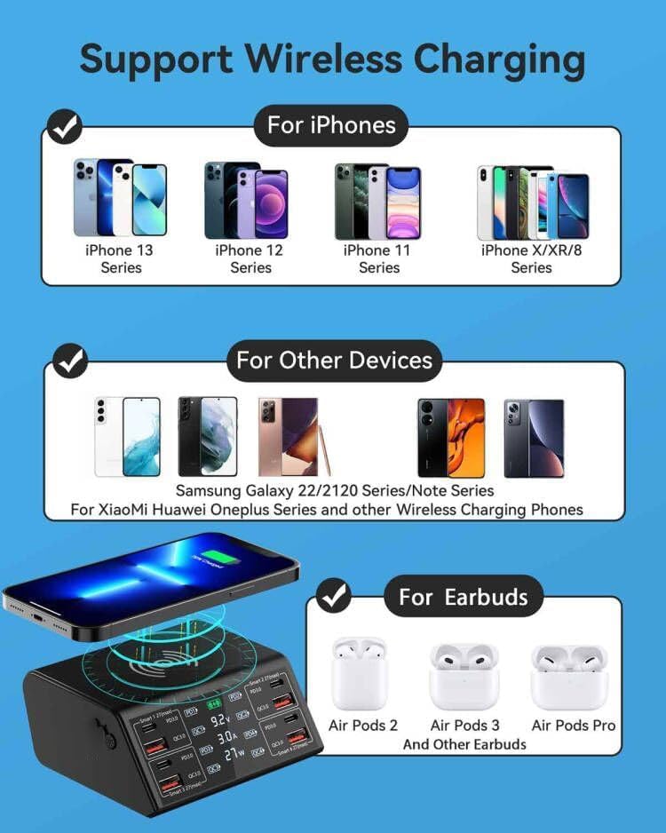 Image of USB Charging Station,100W 8-Port Charging Station for Multiple Devices with 4 QC3.0+4 USB-C PD Ports,Wireless Charger,Multi Fast Charging Hub Charger Station for 1Phone,Sam.Sung, 1Pad (838W 100W)