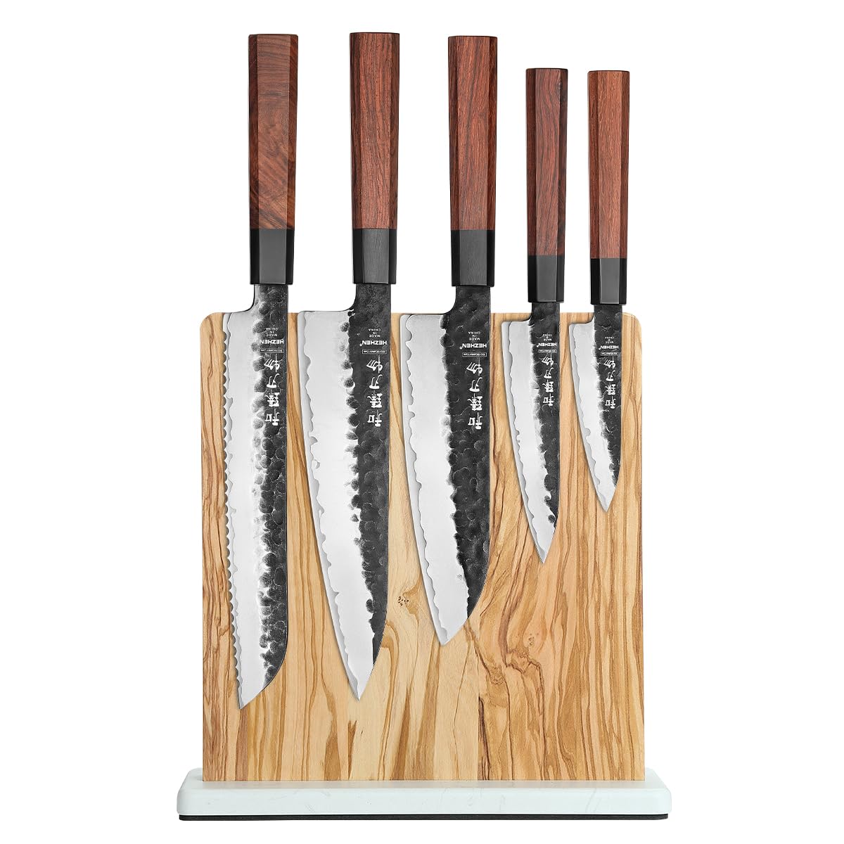 HEZHEN Juegos de Cuchillos de Cocina, Set Cuchillo de Cocina Profesional con Soporte para Cuchillos Magnético Doble Cara, Bloque de Cuchillos de Madera de Olivo