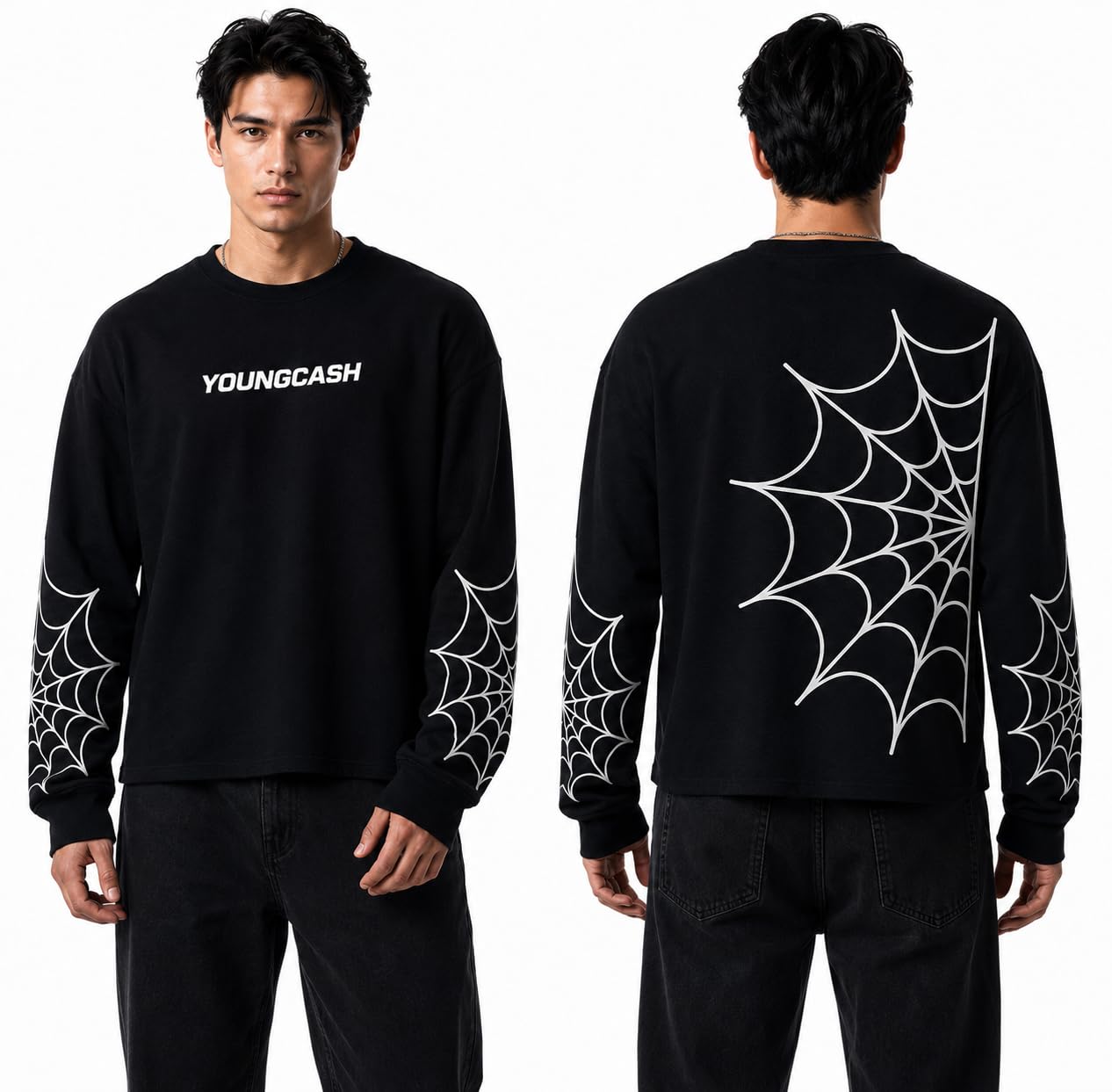 youngcash Men's Black Sweatshirt with Spider Web Print-picture-14