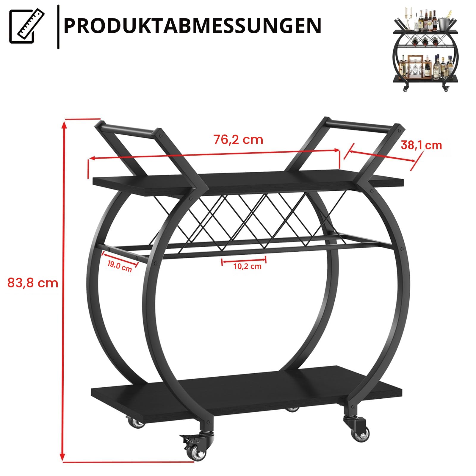 LVB Servierwagen mit Rollen, Barwagen mit Weinregal, Küchenwagen mit 2 Ebenen, Weinwagen, Getränkewagen für Küche, Esszimmer, Bar, Wohnzimmer, 76B x 40.5T x 84H cm, Schwarz