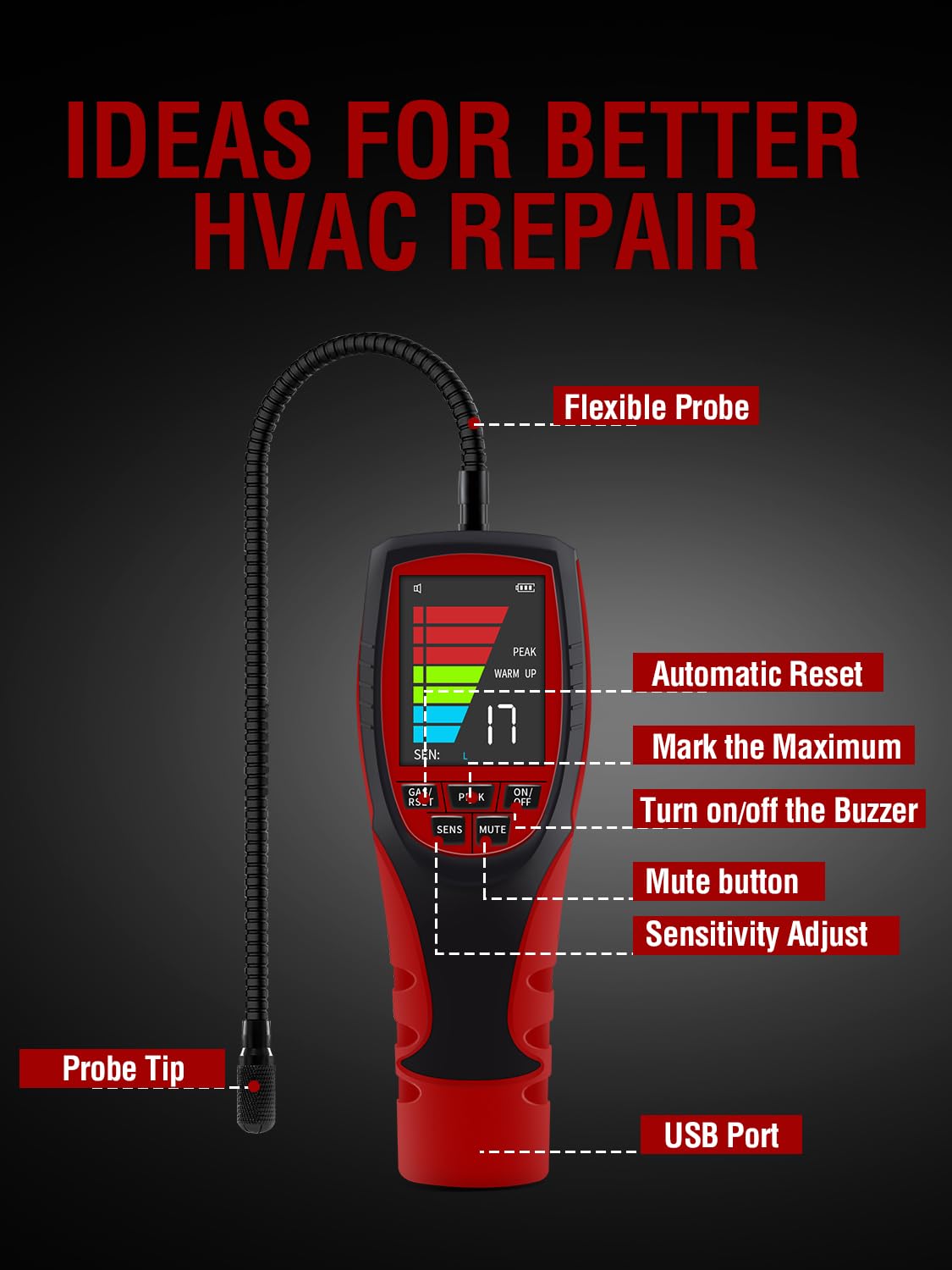 ALD-200 PRO 2-in-1 Gas-Leckdetektor für brennbares und kühlendes Gas, HVAC-Leckdetektor mit akustischem und visuellem Alarm, 40,6 cm Flexible Sonde, großes 6,6 cm Display, erkennt R32, R290, R134a