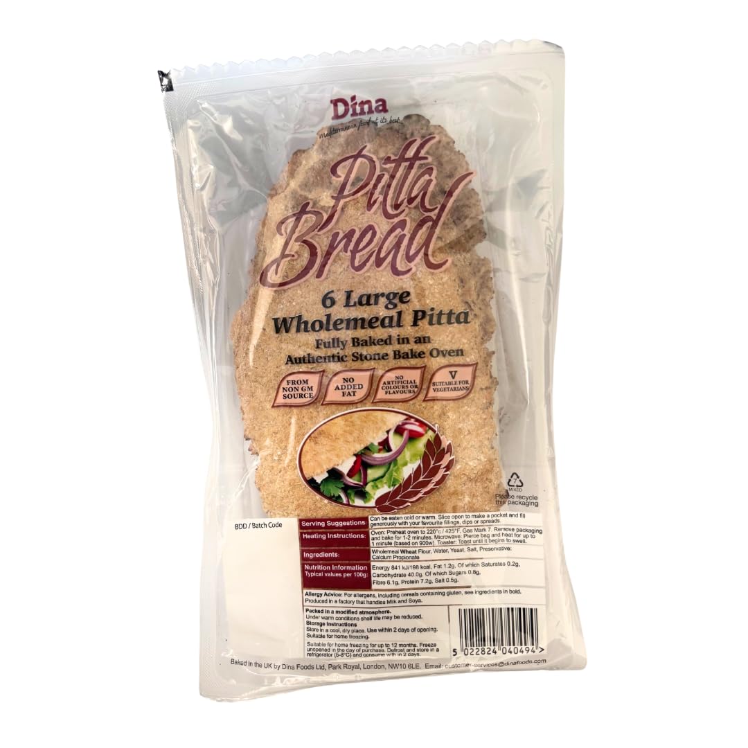 Dina Pitta Bread, 6 Large Wholemeal Pitta