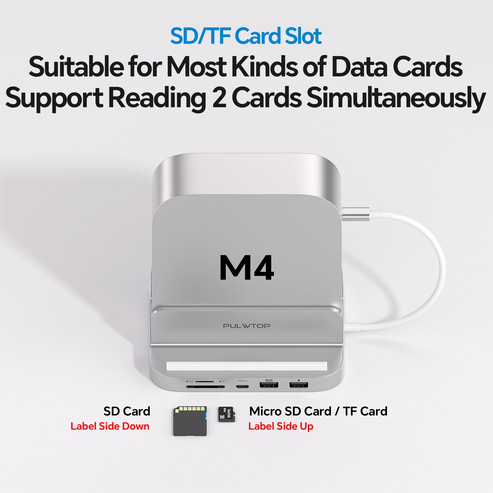 Stacja dokująca Mac mini M4 z obudową 4 TB M.2 SSD i HDMI 4K, aluminiowy pionowy hub USB-C do Mac mini M4 Pro, stojak USB-A/C 10 Gb/s, 2 x USB-A 2.0, 3,5 mm Audio, SD/TF (SSD nie jest