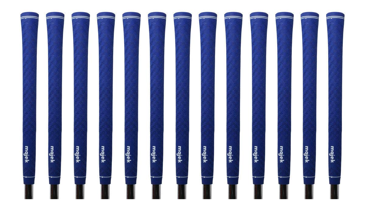 Majek Tour Pro Blue Standard Size Golf Grips and Grip Kit + Utility Hook Blade (13 grips, grip tape, clamp, grip removal hook blade, instructions)